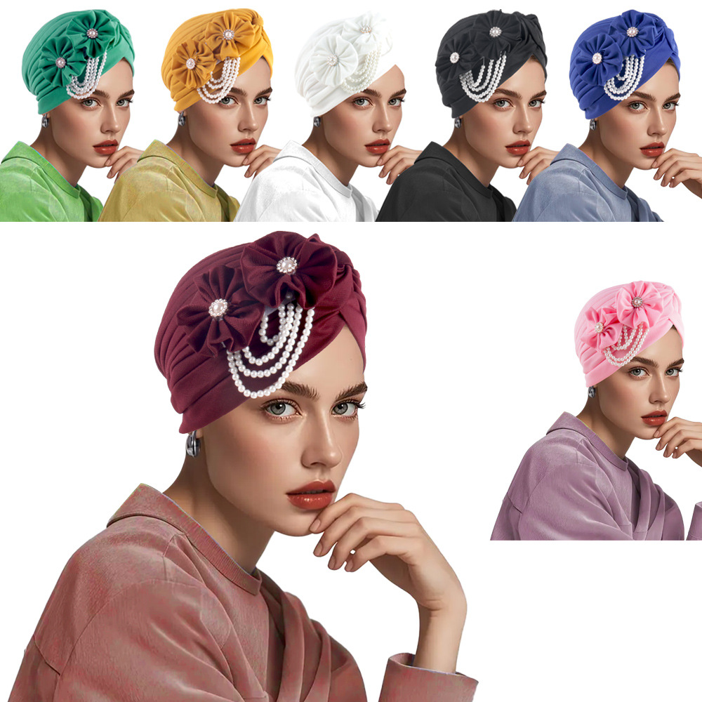 Head Wrap Turban - Damski turban z kwiatami i perełkami,